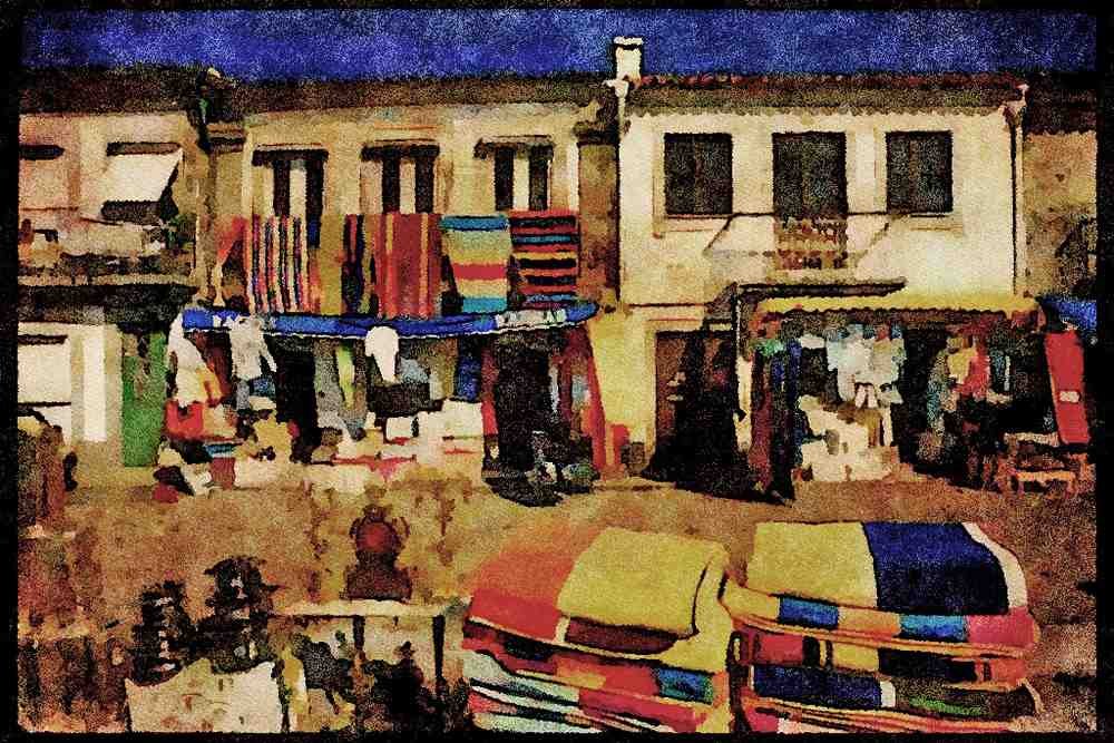 Portugal Rural 256028 Colorful Merchandise Along Cobblestone Streets A4 Limited Edition Watercolour Print