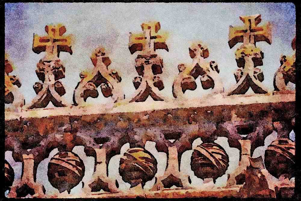 Portugal Rural 256091 Crosses And Orbs At Church Of Holy Sepulchre A4 Limited Edition Watercolour Print