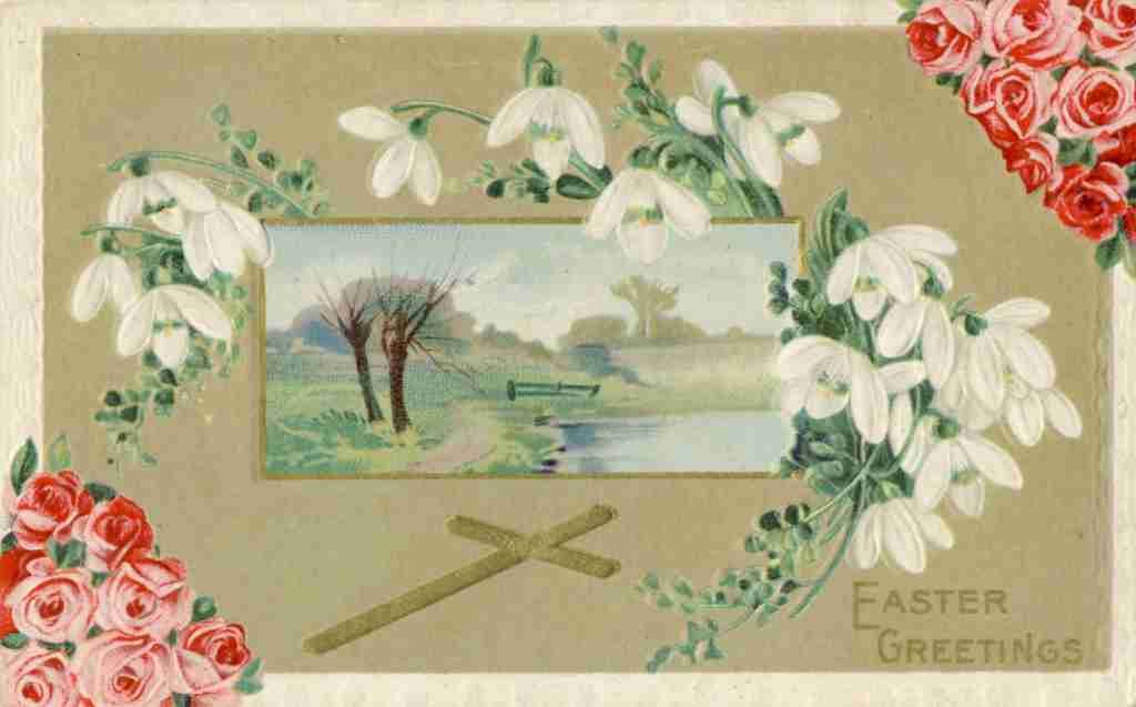 Postcard 1911 Easter greetings with cross and flowers A4 Photo Print