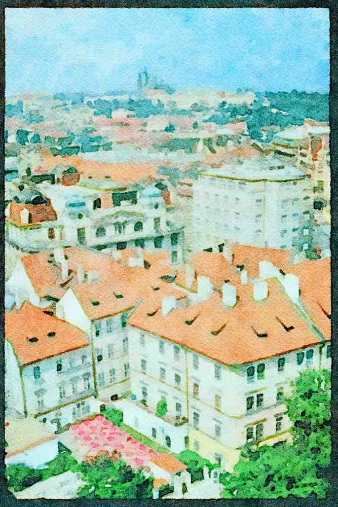 Prague Praha 248000 Above Prague From Old Town Square A4 Limited Edition Watercolour Print