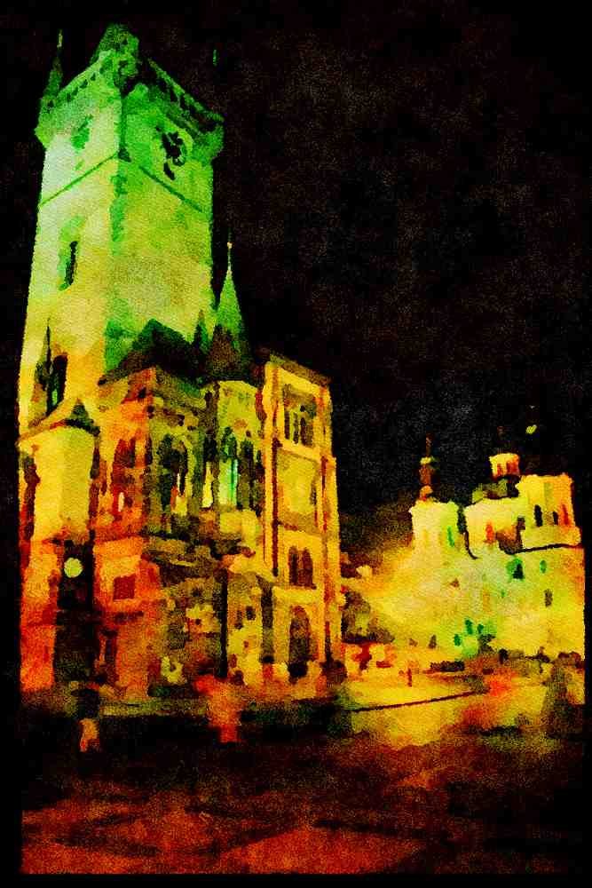 Prague Praha 248014 St. Nicholas Church And Clock Tower By Night A4 Limited Edition Watercolour Print