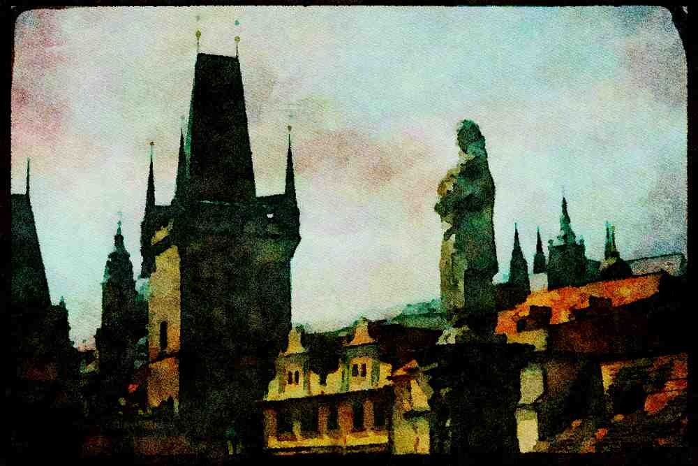 Prague Praha 248015 Charles Bridge Statue And Distant Spires A4 Limited Edition Watercolour Print