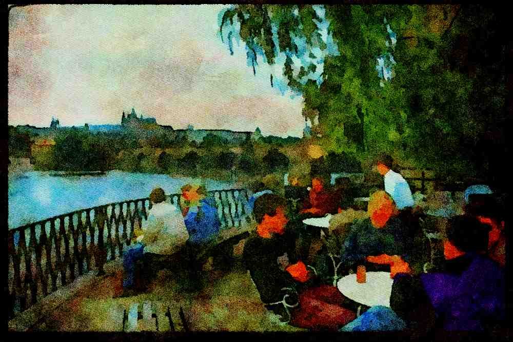 Prague Praha 248023 Cafe Scene On The River Vltava A4 Limited Edition Watercolour Print