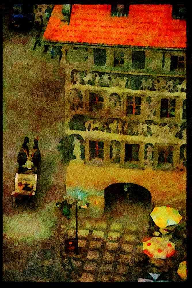 Prague Praha 248024 Looking Down At A Carriage And Cafe A4 Limited Edition Watercolour Print