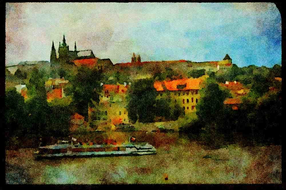 Prague Praha 248046 River Ferry And The Castle A4 Limited Edition Watercolour Print