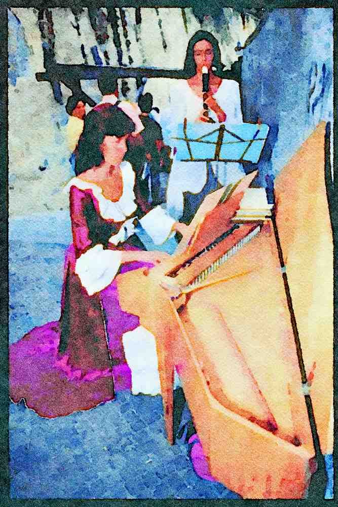 Prague Praha 248063 Locals Playing Traditional Instruments A4 Limited Edition Watercolour Print