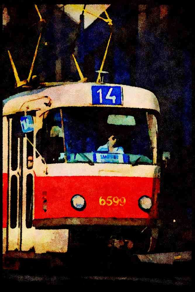 Prague Praha 248065 Tram Moves Along Downtown A4 Limited Edition Watercolour Print
