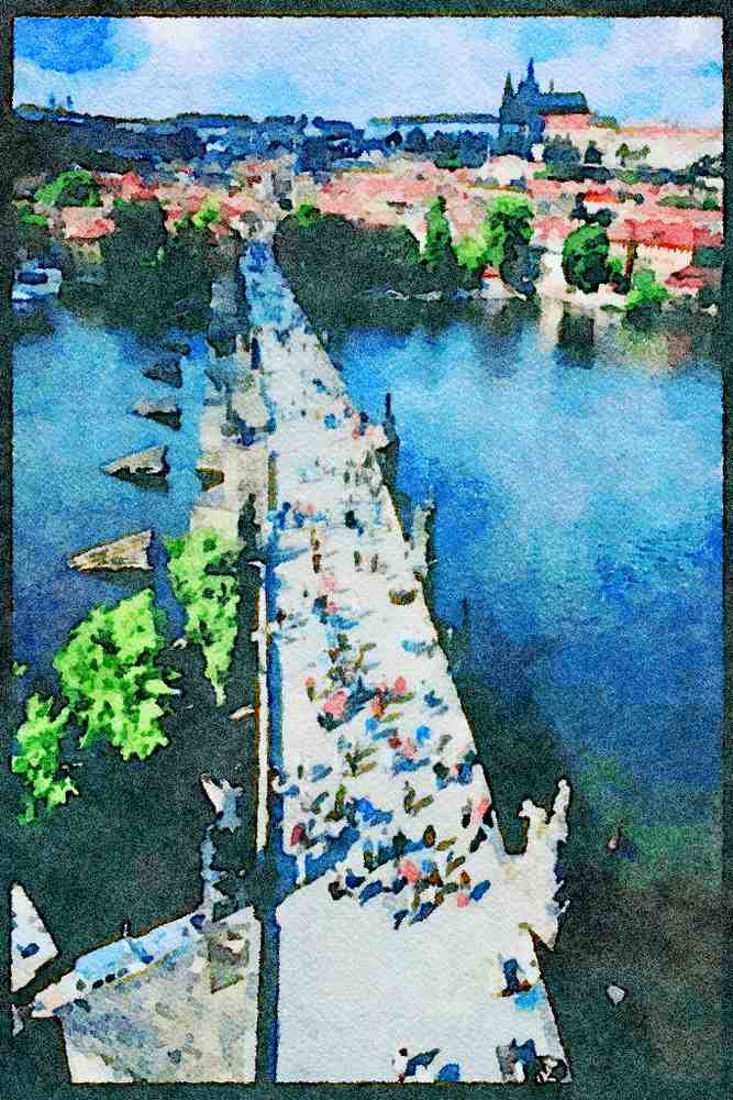 Prague Praha 248074 The Charles Bridge, 14th Century A4 Limited Edition Watercolour Print