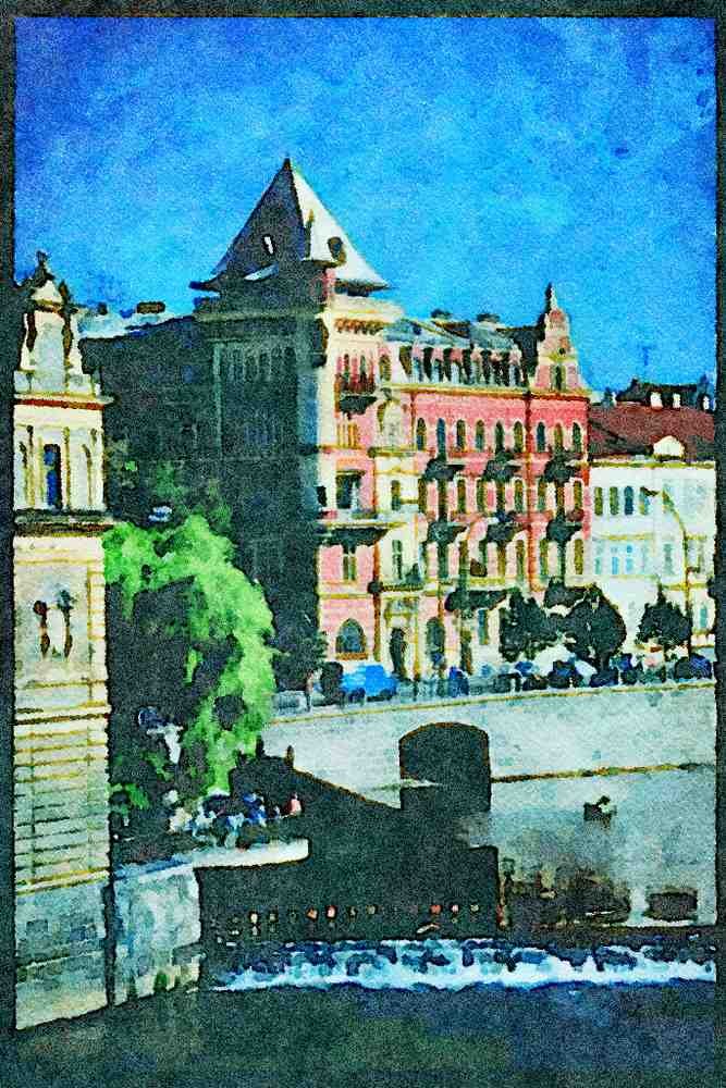 Prague Praha 248077 Vltava River Looking Toward 19th Century Hotel A4 Limited Edition Watercolour Print