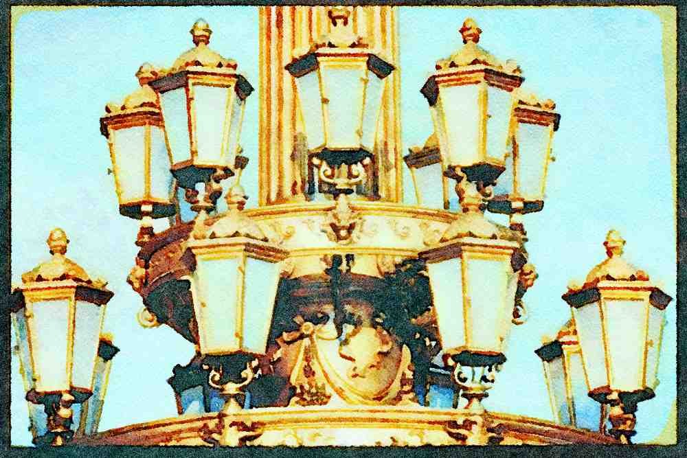 Prague Praha 248083 Close up, Rudolfinum Lamps A4 Limited Edition Watercolour Print