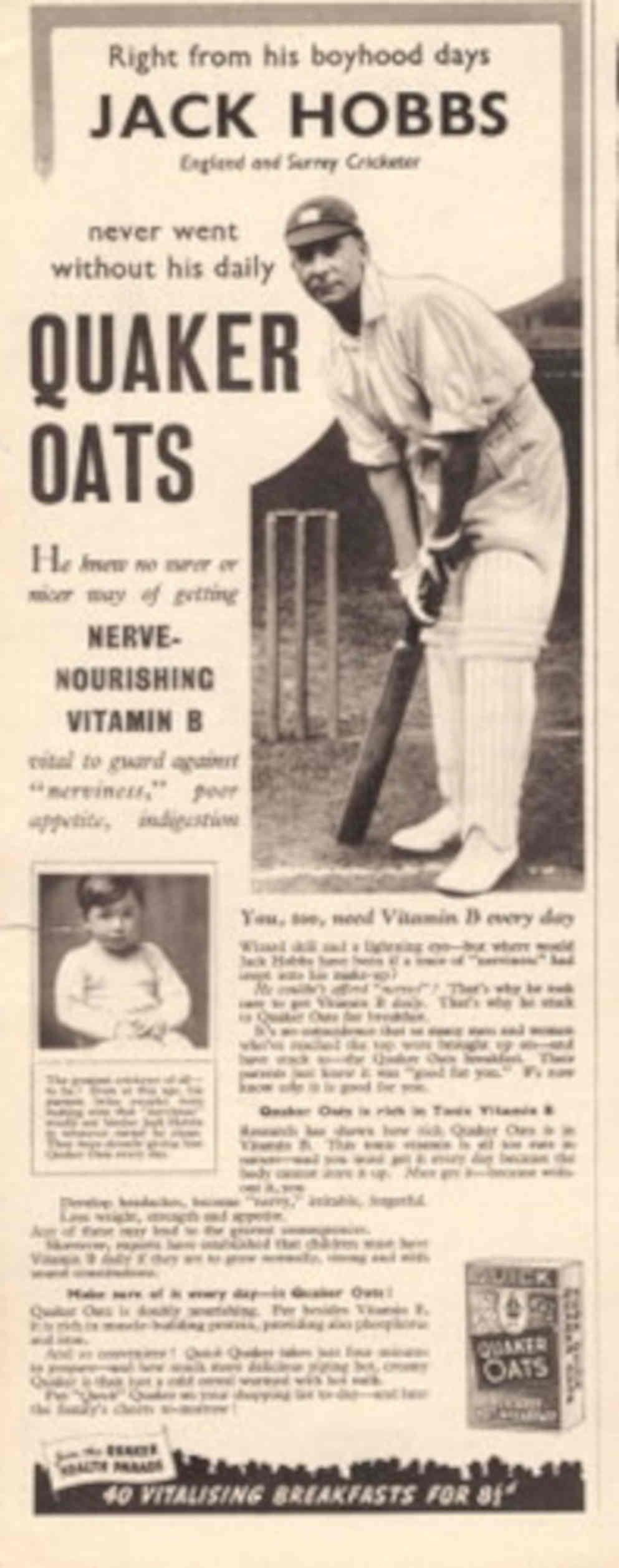 Quaker Oats Hobbs 1930s Vintage Retro Advert Poster