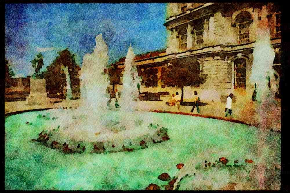 Quebec Rustic 262085 Blue Water Fountain, Montreal A4 Limited Edition Watercolour Print