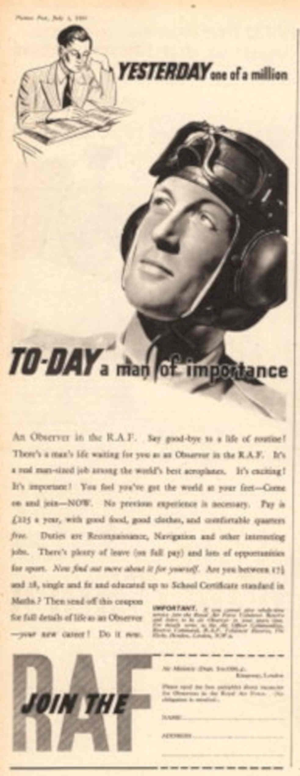 Raf Observer Pilot 1930s Vintage Retro Advert Poster