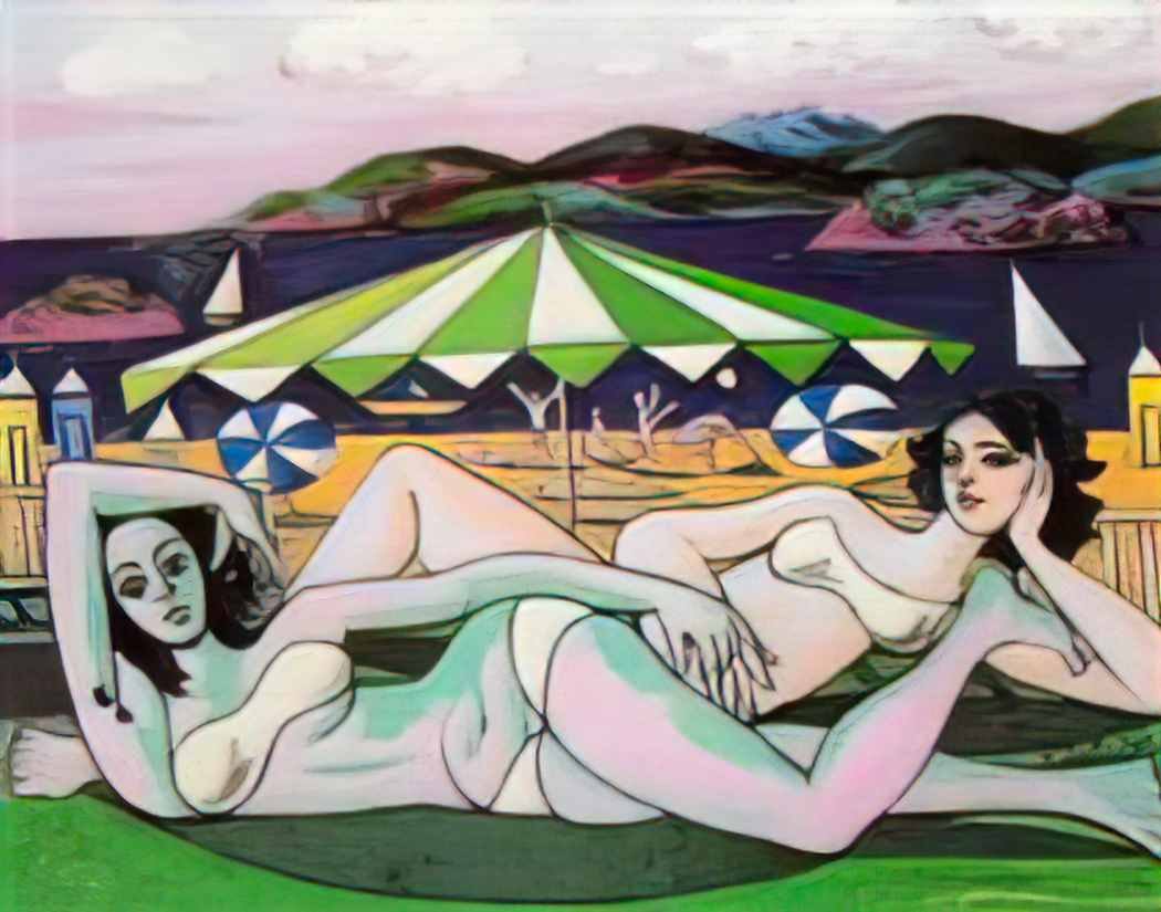 Rafael Zabaleta bathers on the beach under umbrella 1955 Art A4 Photo Print