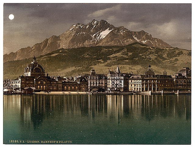 Railway station and Pilatus I Lucerne Vintage A4 Photo Print