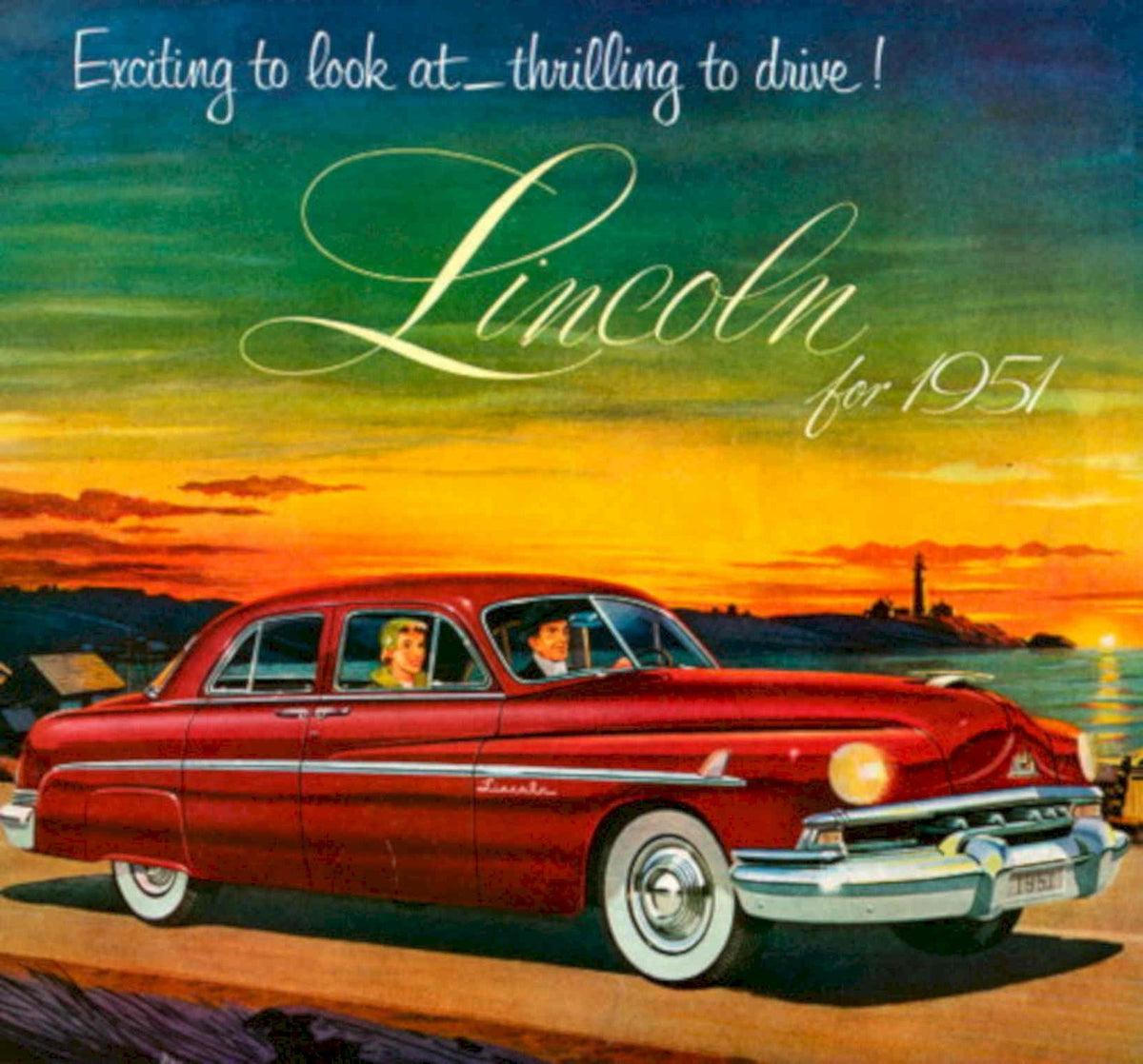 Red Lincoln Sunset 1950s Vintage Retro Advert Poster
