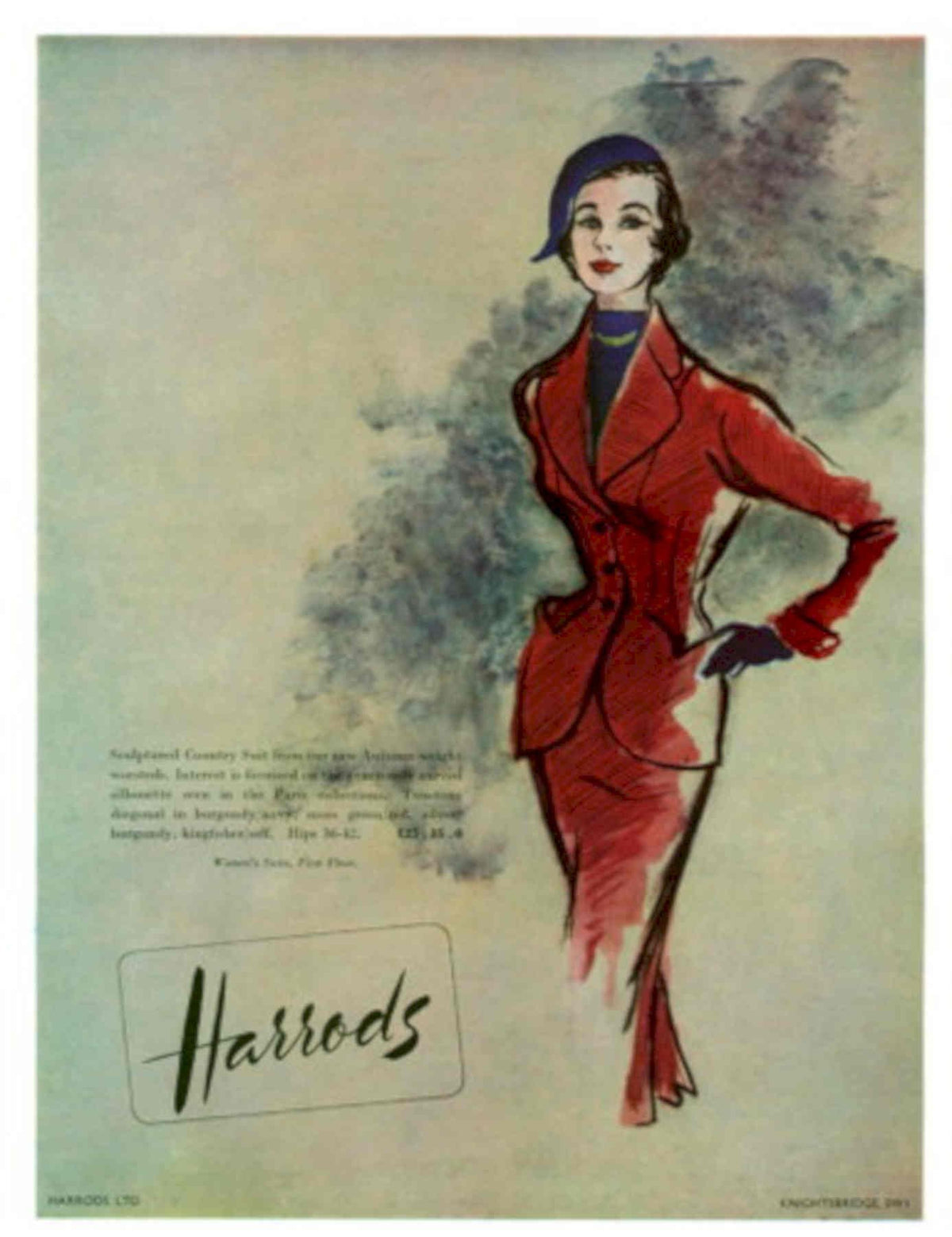 Red Suit Harrods 1950s Vintage Retro Advert Poster