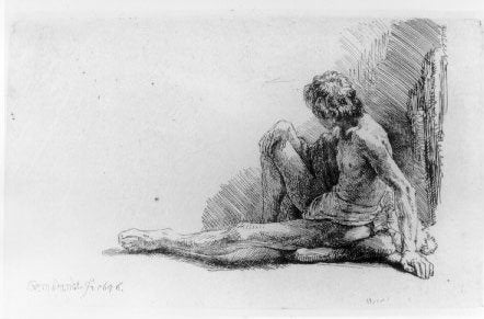 Rembrandt Nude Man Seated on the Ground with One Leg Extended A4 Photo Print