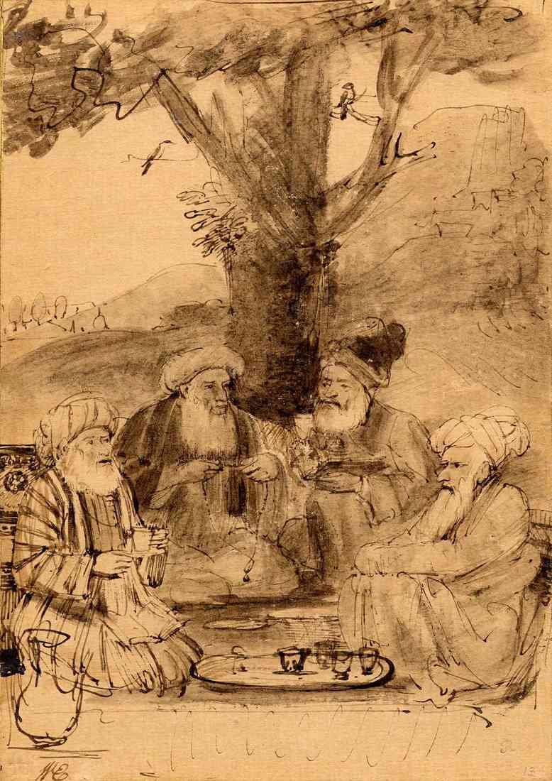 Rembrandt four orientals seated under a tree ink on paper A4 Photo Print