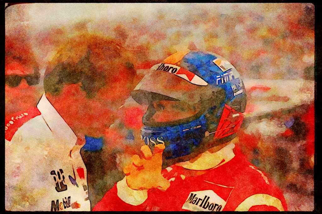 Retro 90s 80s Car Racing 325033 Emerson Fittipaldi And Engineer, Toronto Indy A4 Limited Edition Watercolour Print