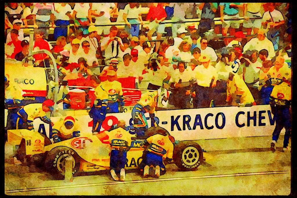 Retro 90s 80s Car Racing 325040 Bobby Rahal, Pit Stop, Indy 500 A4 Limited Edition Watercolour Print