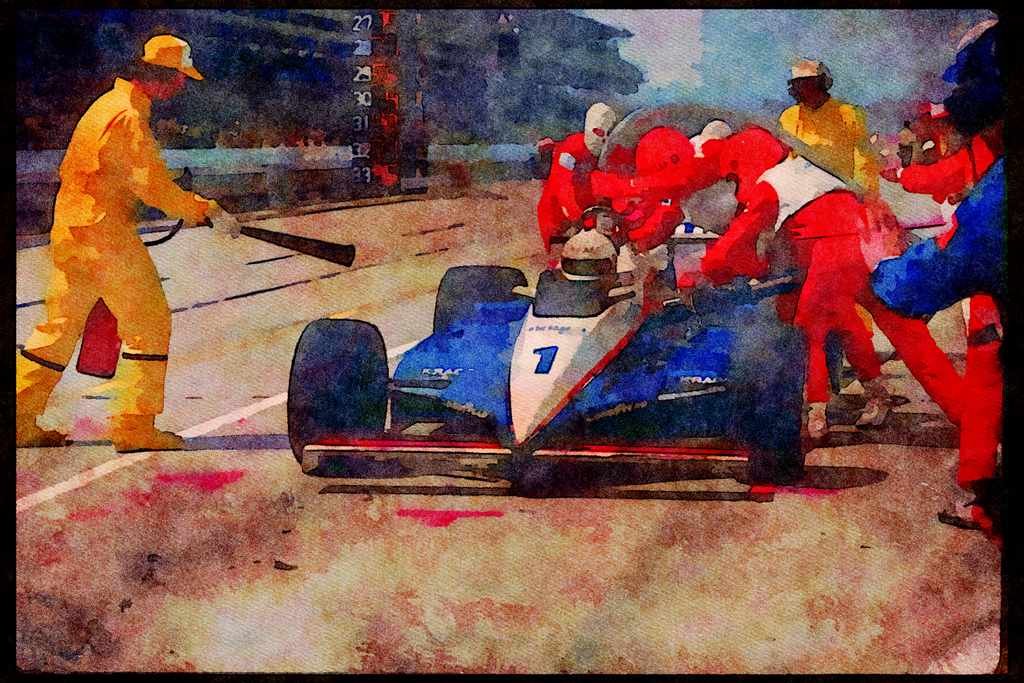 Retro 90s 80s Car Racing 325082 1983 Mears Pit Stop A4 Limited Edition Watercolour Print
