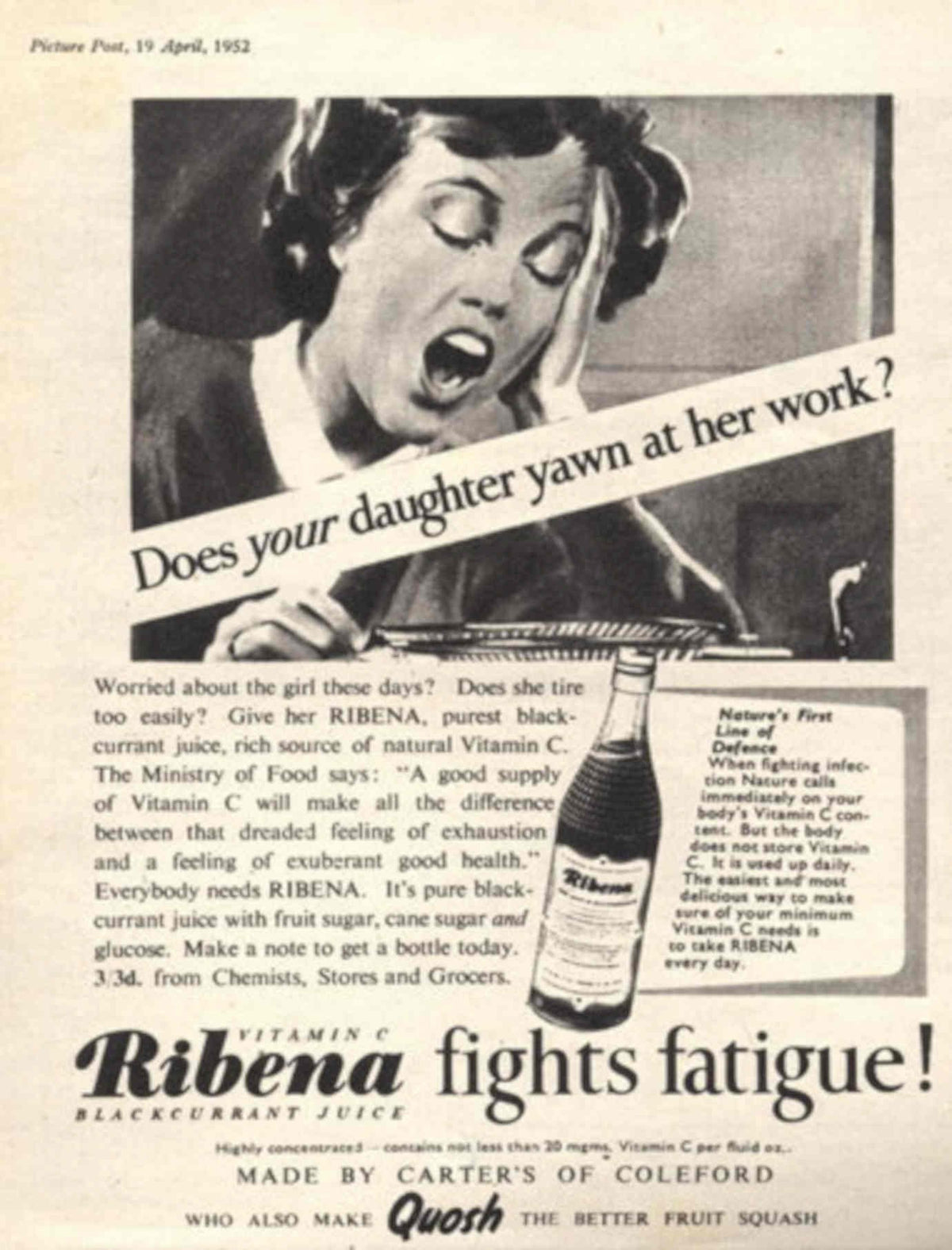 Ribena Fatigue 1952 1950s Vintage Retro Advert Poster