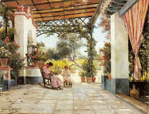 Rodriguez Manuel GarciY Mother And Daughter Sewing On Patio A4 Photo Print