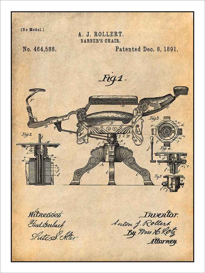 Rollert Barber Chair Patent Drawing 1891 barber advert A4 Photo Print