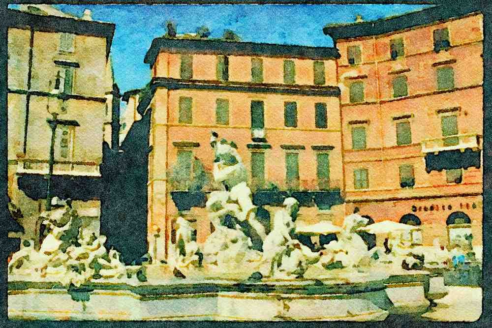 Rome Italy 149038 Bernini Fountain At Piazza Navona A4 Limited Edition Watercolour Print