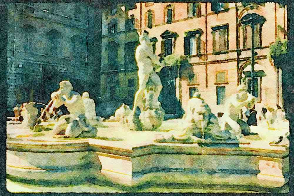 Rome Italy 149040 Spouting Figures On Fountain At Piazza Navona A4 Limited Edition Watercolour Print