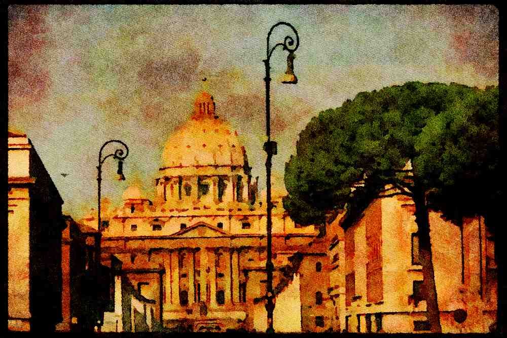 Rome Italy 149052 Ornate Street Lights And St. Peter's A4 Limited Edition Watercolour Print