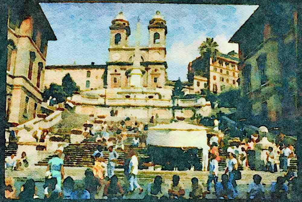 Rome Italy 149061 People Lounging On The Spanish Steps A4 Limited Edition Watercolour Print