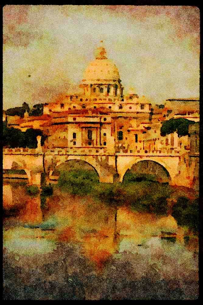 Rome Italy 149071 Arched Bridge With St. Peter's In Background A4 Limited Edition Watercolour Print