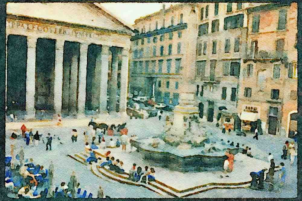 Rome Italy 149077 Piazza Del Pantheon With Obelisk Statue In Center A4 Limited Edition Watercolour Print