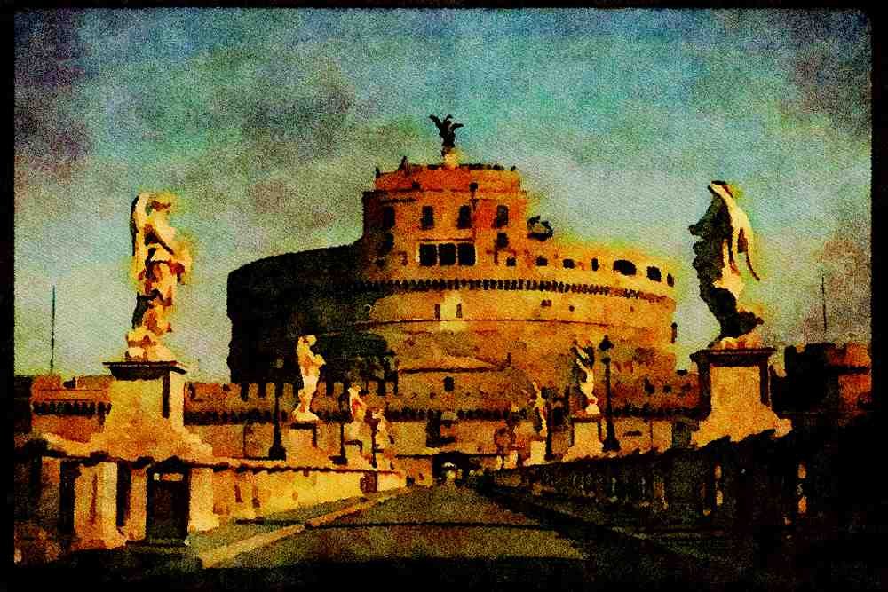 Rome Italy 149078 Statues Along Bridge Leading To Castle A4 Limited Edition Watercolour Print
