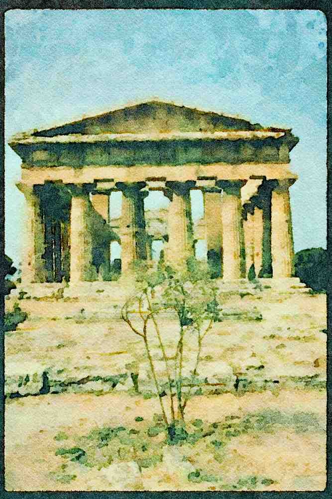 Rome Italy 149085 Second Hera Temple And Surrounding Landscape, Paestum A4 Limited Edition Watercolour Print