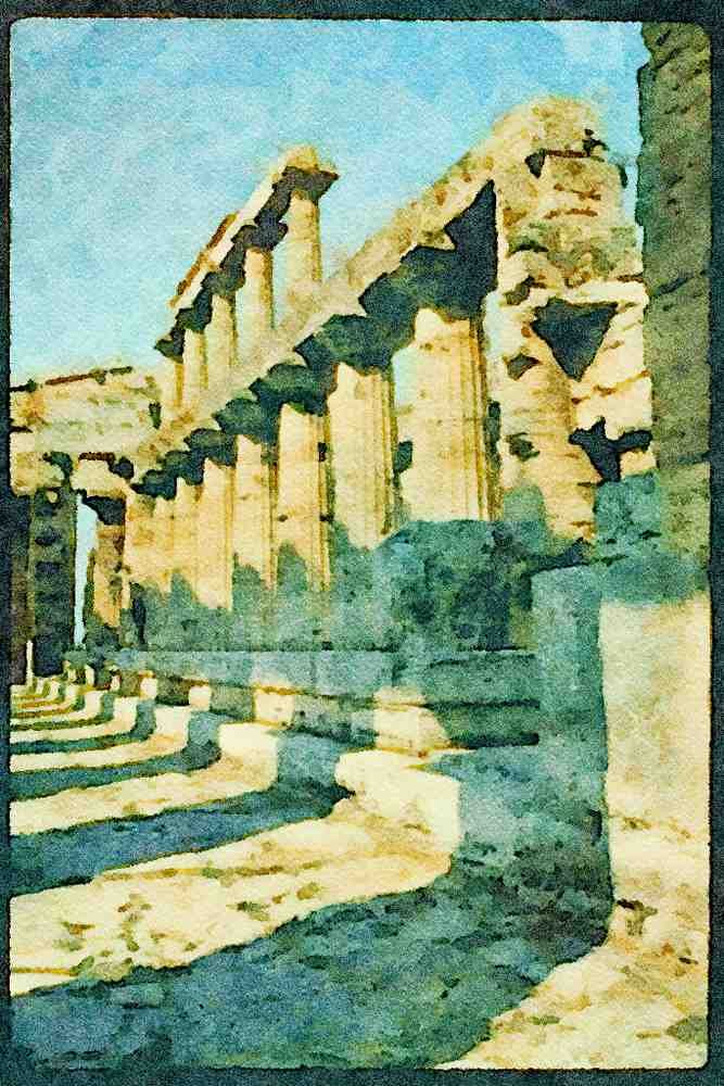 Rome Italy 149087 Two Story Columns Remaining At Second Hera Temple, Paestum A4 Limited Edition Watercolour Print