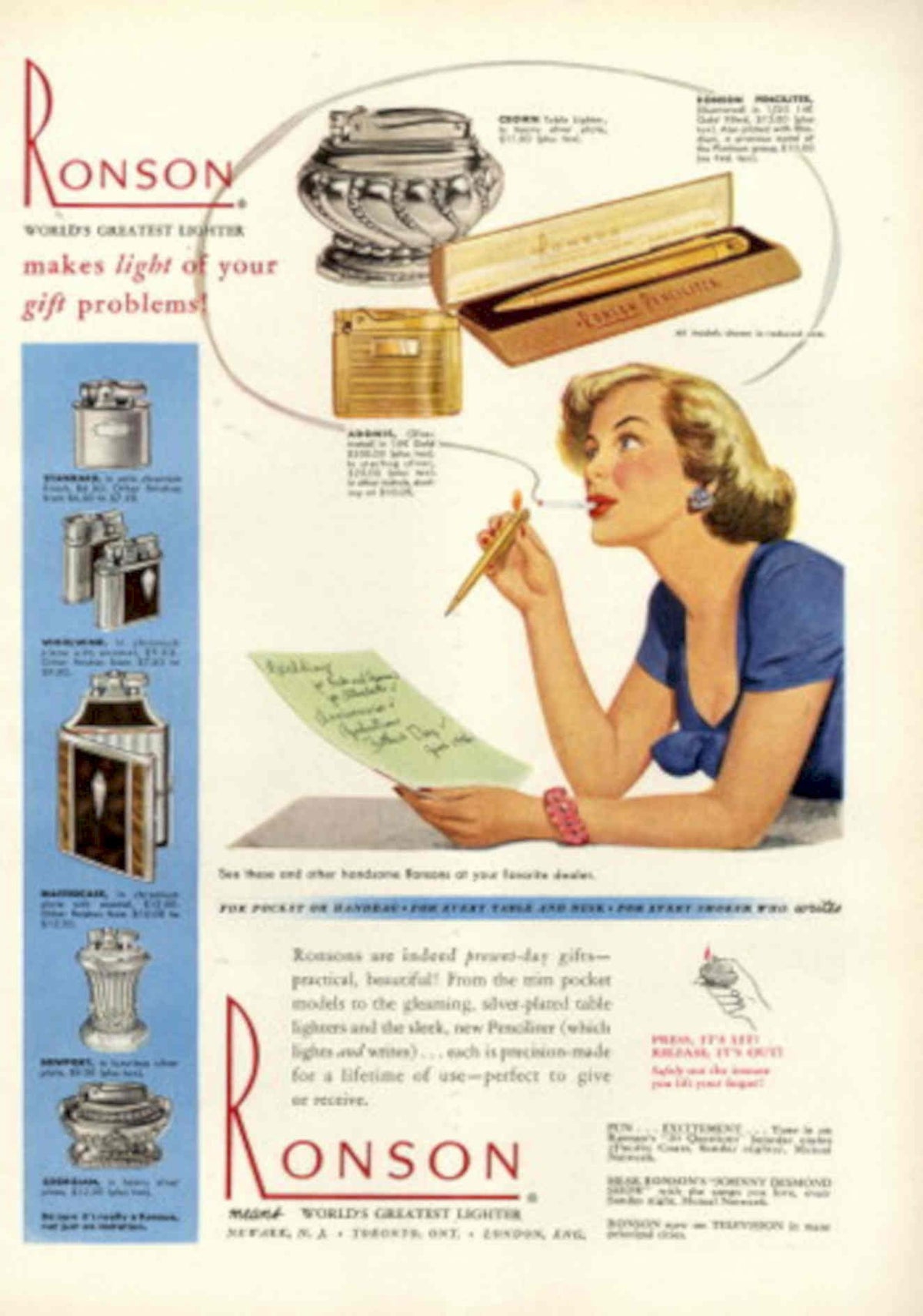 Ronson Lighter Pens 1940s Vintage Retro Advert Poster