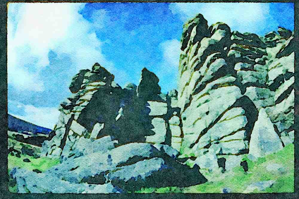 Rural England UK 374065 Dramatic Fish eye Shot Of Houndtor, Dartmoor A4 Limited Edition Watercolour Print