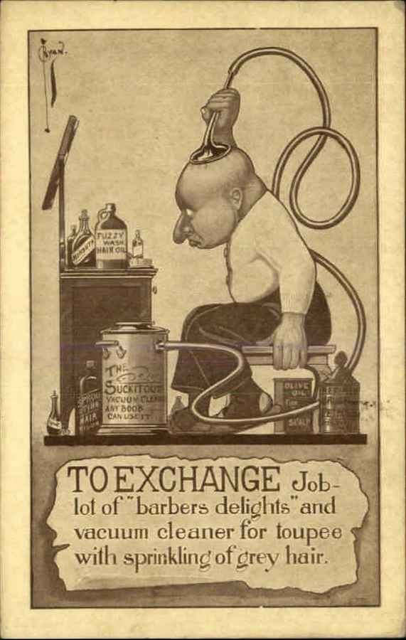 Ryan Barber Bald Man Toupee Vacuum On Head 1900s barber advert A4 Photo Print
