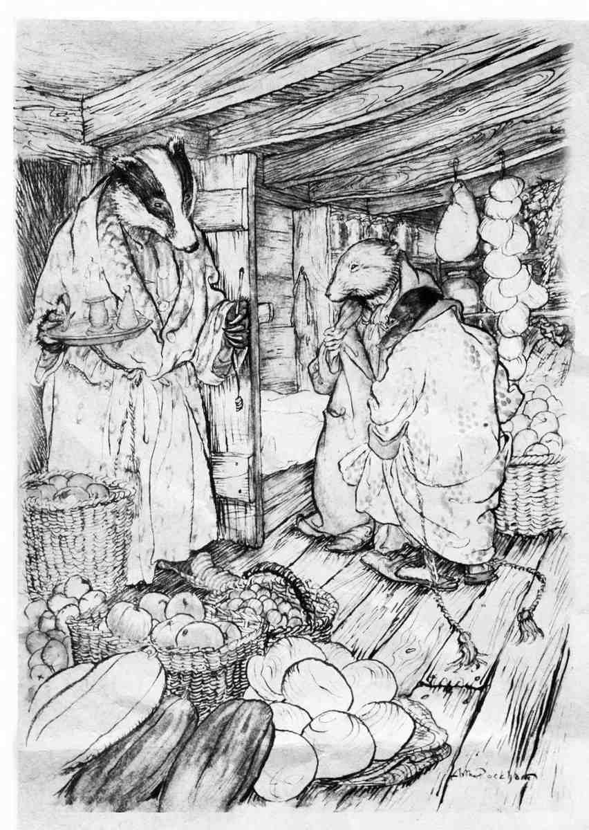 SKETCH Wind in the Willows Arthur Rackham The Badgers winter stores, which indeed were visible everywhere, took up half the room A4 Photo Print