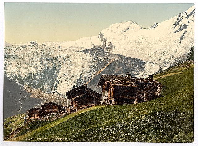Saas Fee alpine view Valais Alps of Vintage A4 Photo Print