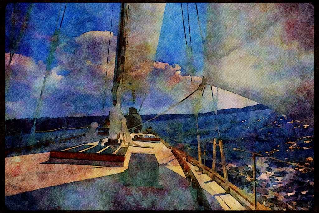 Sailboats Sail Sailing 007014 Sailor Looking Forward From Cockpit A4 Limited Edition Watercolour Print