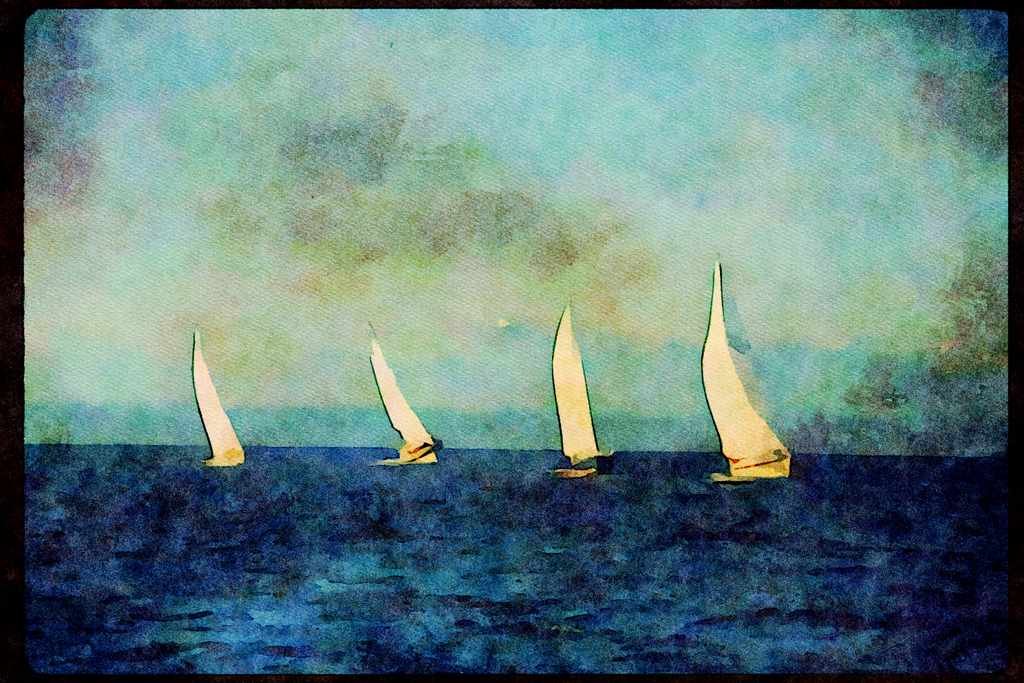 Sailboats Sail Sailing 007021 Sloops Racing Under Mountains A4 Limited Edition Watercolour Print