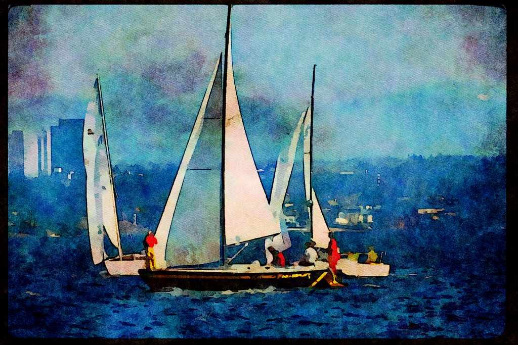 Sailboats Sail Sailing 007023 Sloops Manoeuvring For Position A4 Limited Edition Watercolour Print