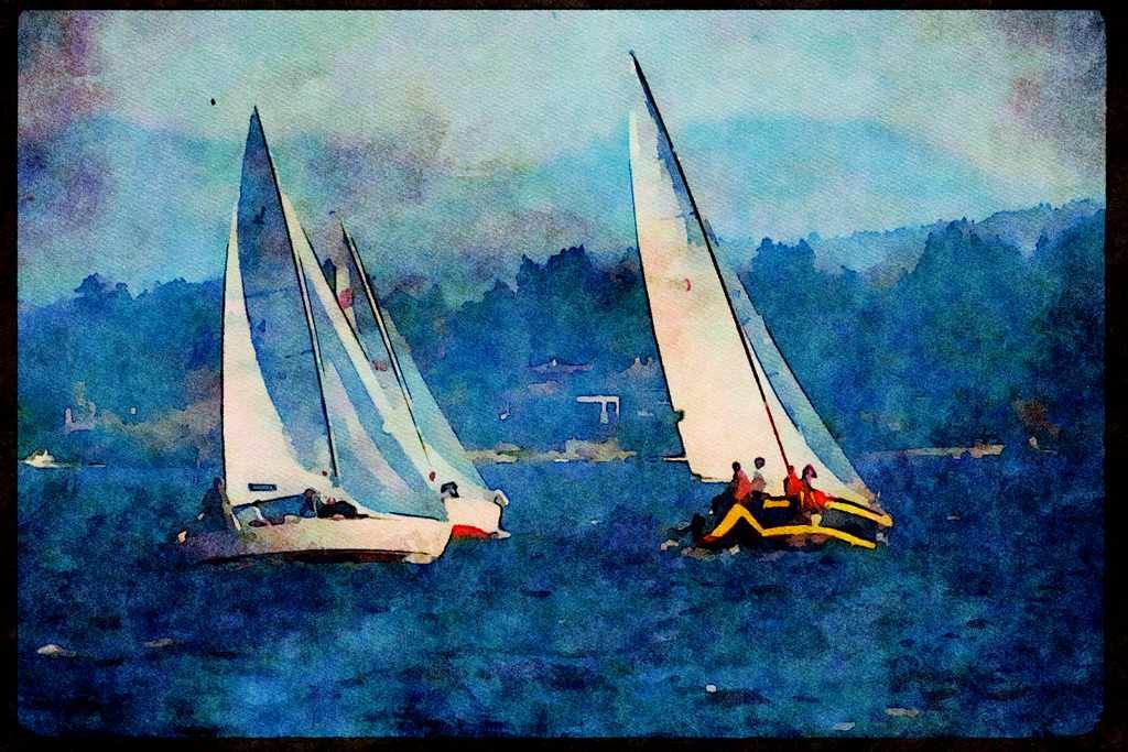 Sailboats Sail Sailing 007025 Turning Complete And Race Is On A4 Limited Edition Watercolour Print