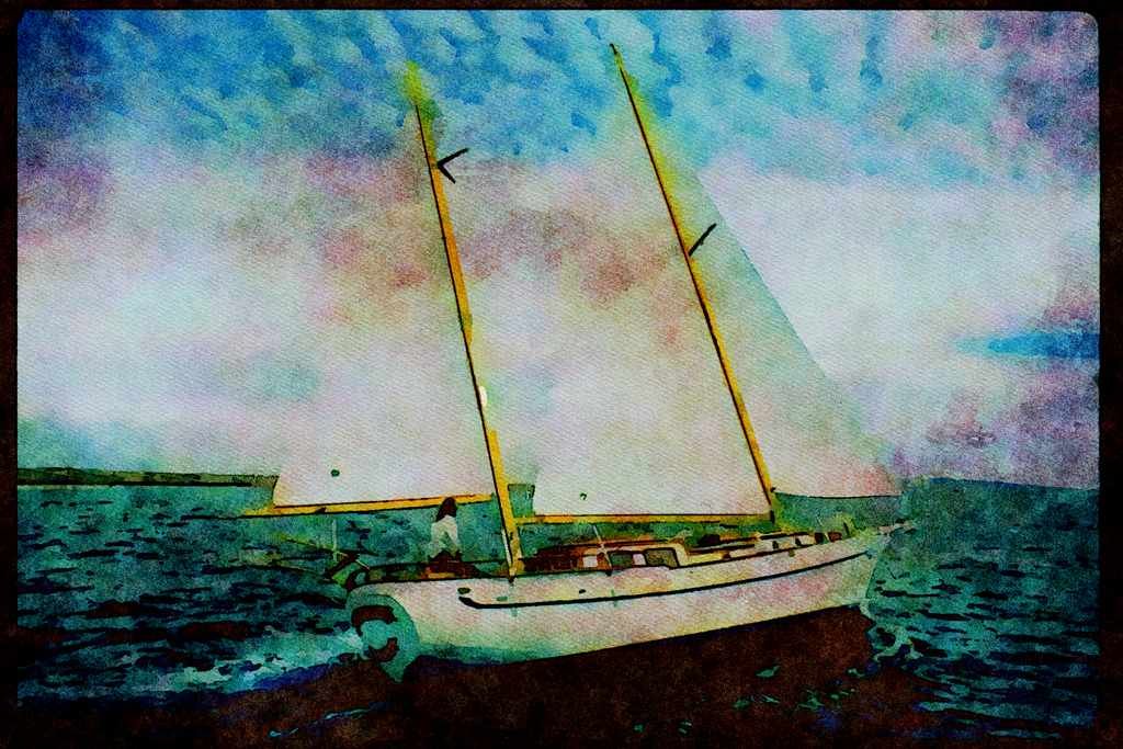 Sailboats Sail Sailing 007034 Starboard Of Ketch Under Mackerel Sky A4 Limited Edition Watercolour Print