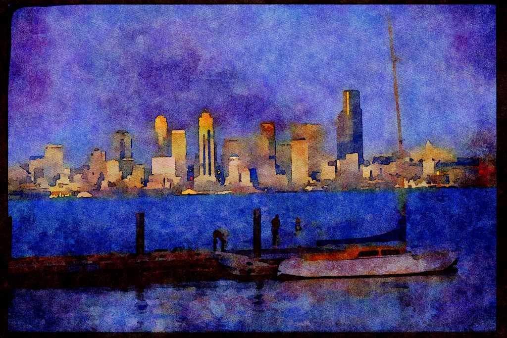 Sailboats Sail Sailing 007061 Sloop At Pier With City Skyline A4 Limited Edition Watercolour Print