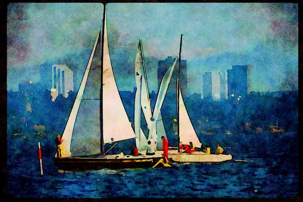 Sailboats Sail Sailing 007064 Sloops Racing For Buoy A4 Limited Edition Watercolour Print